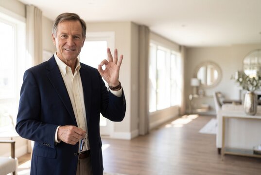 Senior real estate agent holding keys and showing an ok gesture in a new house