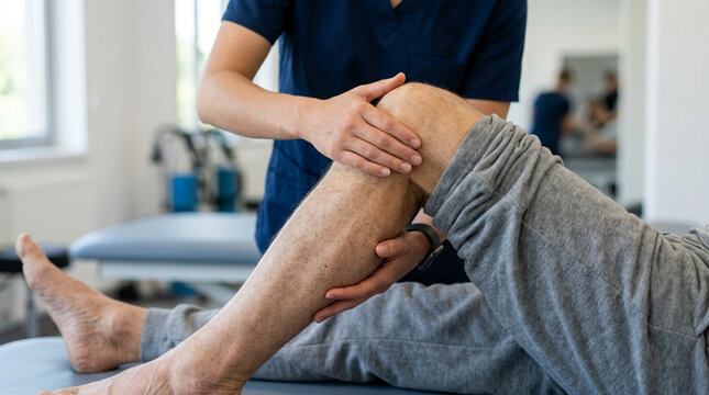 Physical therapist examining patient's knee during rehabilitation session