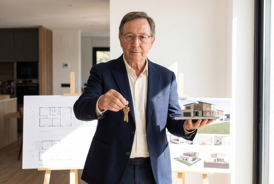 Senior realtor showing house keys and a model home, symbolizing property ownership