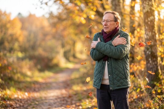 Senior man shivering outdoors on a chilly autumn day with falling leaves