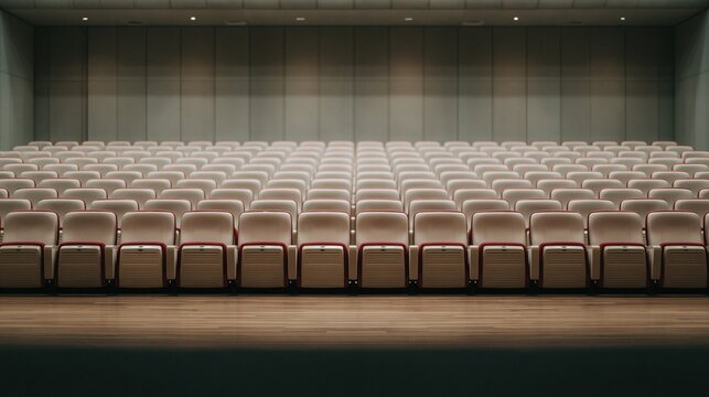 Empty modern auditorium with neatly arranged rows of beige theater seats with red accents waiting for audience ready for conference lecture or movie event