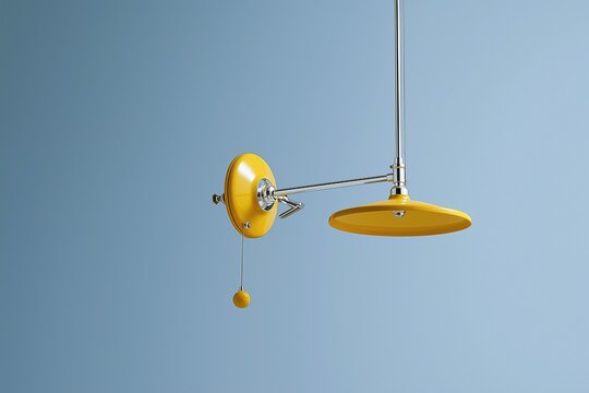 Iconic midcentury modern adjustable pendant lamp with bright yellow enamel body and polished chrome arm on solid light blue background classic designer lighting for contemporary interior