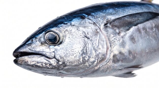 Close up shot of fresh raw tuna fish head with shiny scales isolated on white background.