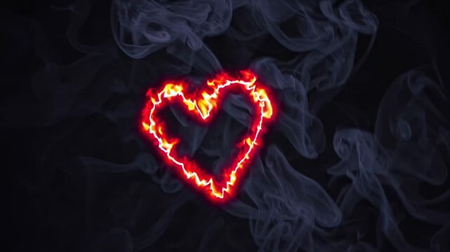 Heart shape formed by glowing flames surrounded by swirling smoke, creating a dramatic visual effect against a dark background in a continuous sequence of frames
