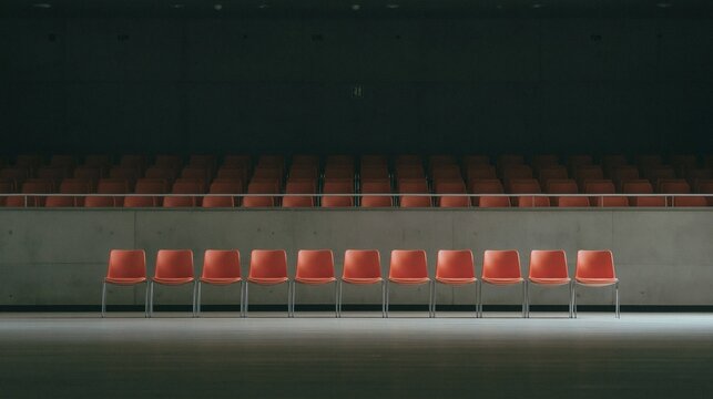 Empty modern auditorium with one row of bright orange chairs in front of full rows of same chairs on grey concrete wall ready for conference or lecture