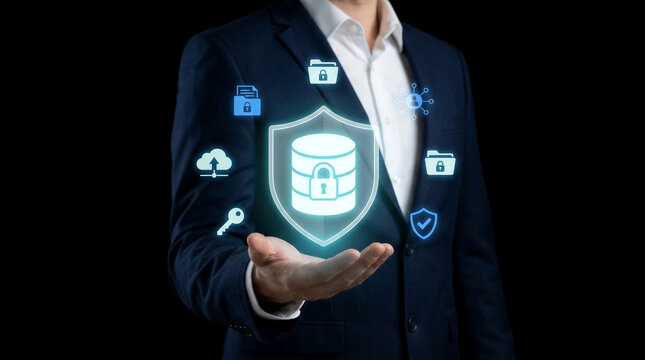 Professional businessman holding digital database security shield interface representing advanced cybersecurity solutions