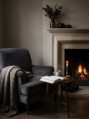 Naklejka premium Cozy autumn reading nook with grey velvet armchair, warm blanket, open book, hot drink, candle, and burning fireplace decorated with black pumpkins and dry flora in modern living room