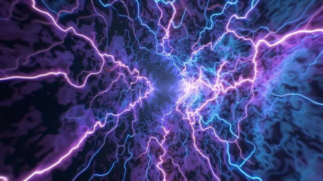Vibrant electric energy flows through a swirling tunnel of purple and blue light, creating a dynamic visual effect of movement and intensity in a dark space