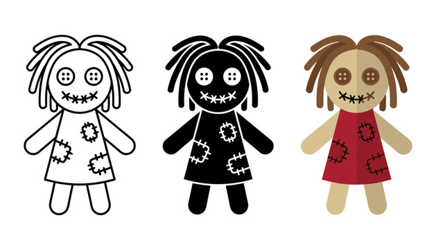 Voodoo doll icon set, flat and outline style, vector illustration