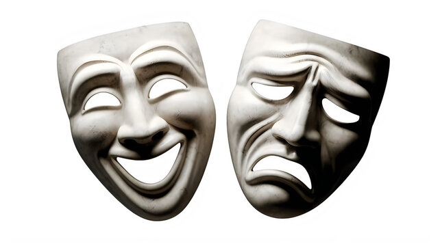 Two theater masks showing happy smiling face and sad crying face representing comedy and tragedy drama isolated on transparent background