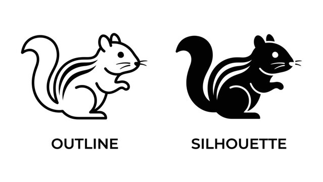 Chipmunk Outline and Silhouette: Two representations of a chipmunk, one as a line art outline and the other as a solid silhouette, showcasing distinct graphic styles.