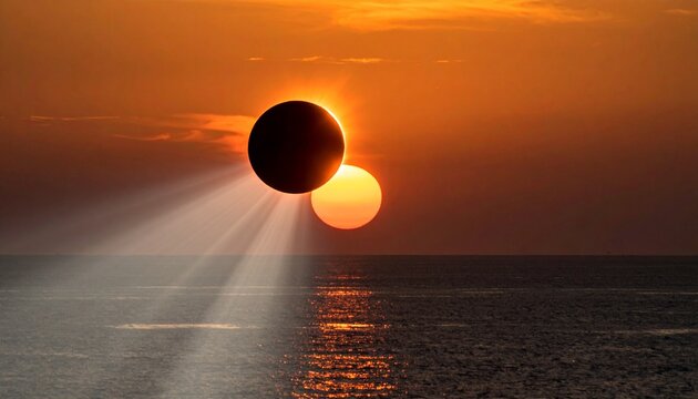 Partial solar eclipse over ocean at sunset