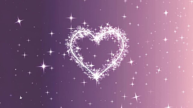 Sparkling heart shape appears and glows against a gradient background with twinkling stars, creating a magical and enchanting visual effect in a dreamy atmosphere