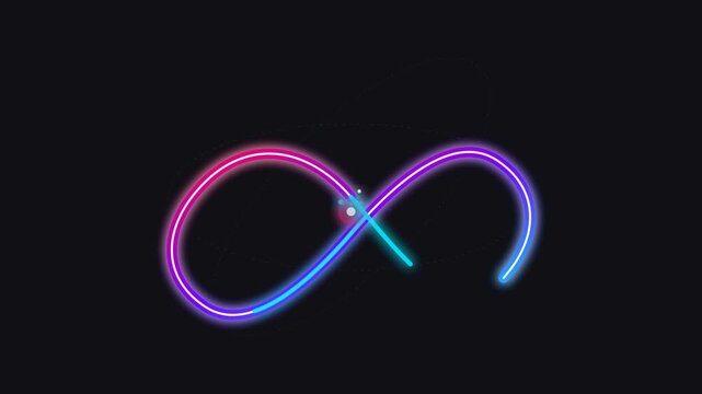 Neon glowing curved lines forming infinity loops on black backdrop