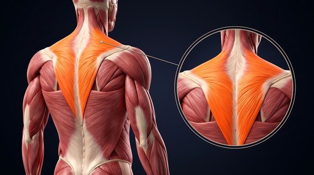 A detailed anatomical illustration of the human back muscles, specifically highlighting the trapezius.
