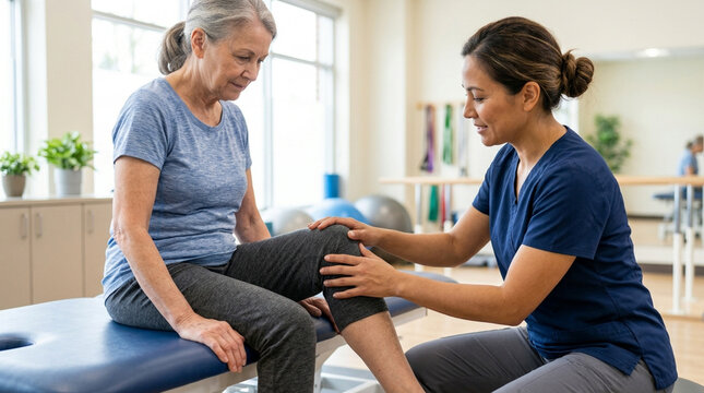 Physical Therapist Examining Senior Woman's Knee During Rehabilitation Session