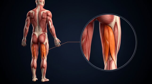 Posterior view of human leg muscles with a magnified section highlighting the hamstring group.