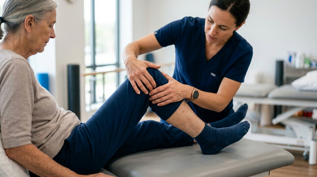 Physical Therapist Examining Senior Woman's Knee Pain on Exam Table