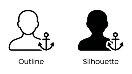 Fototapeta premium Anchor Symbol on User Profile: Two icons representing a person, one as an outline and the other as a silhouette, each accompanied by a nautical anchor symbol.