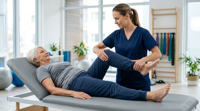 Physical Therapist Helping Elderly Woman With Leg Exercise on Therapy Table