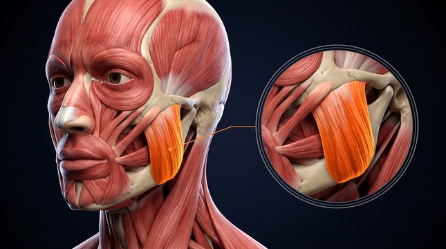 Detailed anatomical illustration of the human head and neck muscles, highlighting the masseter muscle with a magnified inset view.