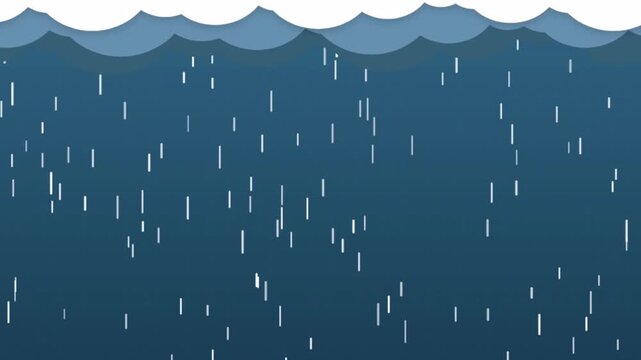 Vector animated heavy rain falling against dark blue sky with stylized rolling clouds motion graphic loop