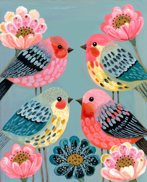 Folk Art Painting of Colorful Pink Birds and Flowers