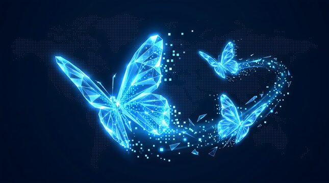 Glowing blue polygonal butterflies flying through a digital particle trail over a world map grid for global innovation and digital transformation concept
