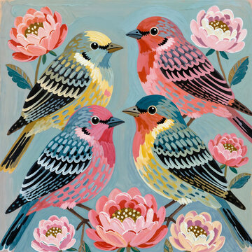 Folk Art Painting of Colorful Pink Birds and Flowers