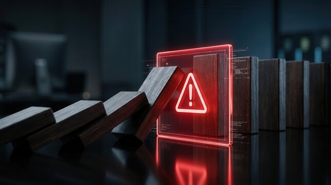 A glowing red alert barrier prevents a chain reaction of falling dominoes for crisis prevention.