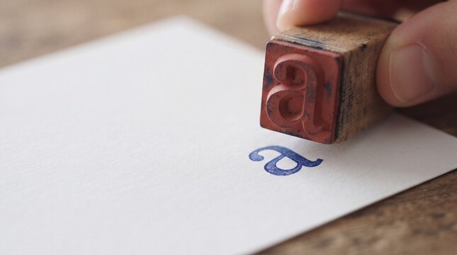 A close-up of a hand pressing a wooden rubber stamp with the letter a onto a piece of white ad social media download thambnail poster web template event festival 2026 2027 2028