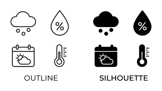 Weather Icons Set: A collection of outline and silhouette icons representing weather conditions such as rain, humidity, sunny forecast, and temperature.