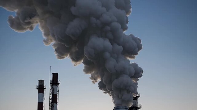 Industrial smokestacks releasing thick clouds of smoke into the sky, showcasing the continuous flow of emissions from a power plant during sunset