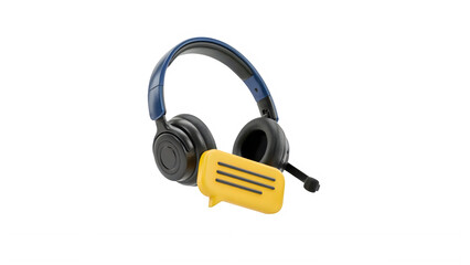 Fototapeta premium Modern blue gaming headset with a yellow speech bubble icon for customer support and communication isolated on transparent background