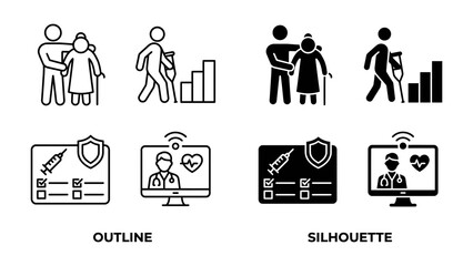Fototapeta premium Healthcare Icons: A set of outline and silhouette icons representing elder care, medical treatment progress, health insurance, and telehealth consultations, illustrating modern healthcare services.