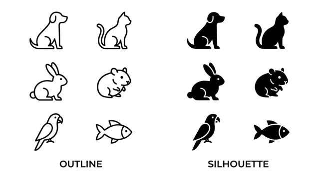 Animal Icons: A collection of outline and silhouette icons depicting various pets and small animals, including a dog, cat, rabbit, hamster, parrot, and fish, representing common household animals.