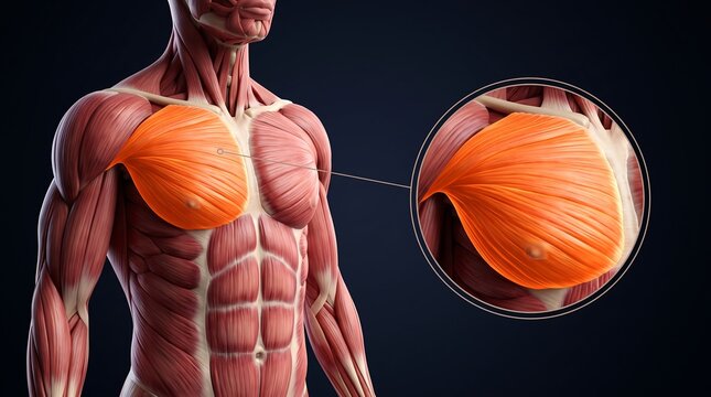 Detailed anatomical illustration of human male chest muscles, specifically highlighting the pectoralis major with a magnified view.