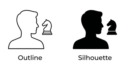 Strategic Thinking Icons: A set of graphic icons representing strategic thinking, featuring a human profile outline and silhouette alongside a chess knight piece, symbolizing planning and intellect. © Abdul