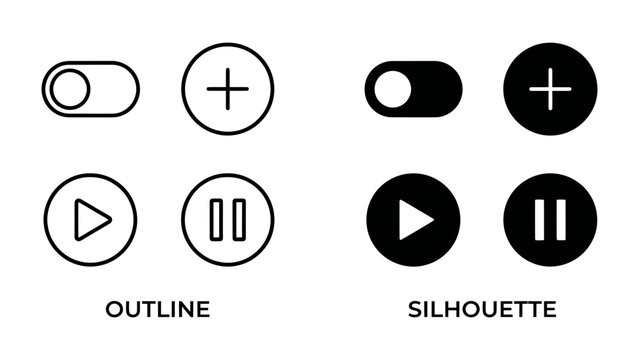 UI Element Icons: A comparison of outline and silhouette icons for common user interface controls, including a toggle switch, add button, play button, and pause button, presented in a clean.