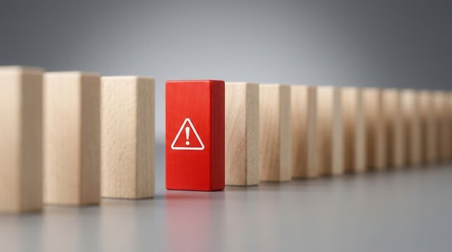 A single red wooden block featuring a white warning icon representing an anomaly in a row of neutral blocks.