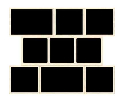 Template collage with eight retro frame photos. Moodboard pictures album grid for scrapbooking. Vintage style mood board layout. Isolated on white background. Copy space for your text and photo