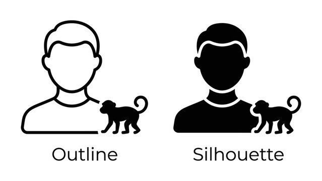 Man and Monkey Icon: A graphic representation shows two icons of a person with a monkey beside them, one in an outline style and the other as a solid silhouette.