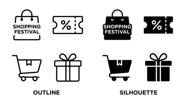 Shopping Icons Collection: A curated set of outline and silhouette icons representing shopping bags, discount coupons, shopping carts, and gift boxes, perfect for e-commerce and retail design.