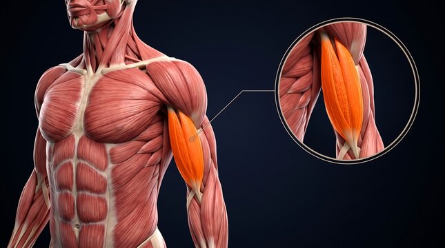 Anatomical illustration of the human muscular system, focusing on the biceps brachii muscle in the arm with a detailed close-up view.