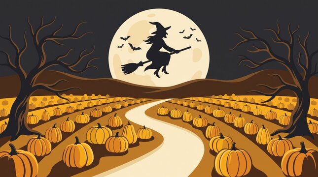 Spooky halloween scene featuring a witch flying on a broomstick over a pumpkin patch under a full moon