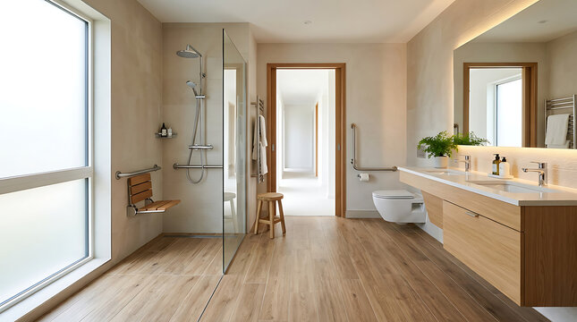 A modern accessible bathroom featuring a wooden bench shower and light oak vanity with bright light.