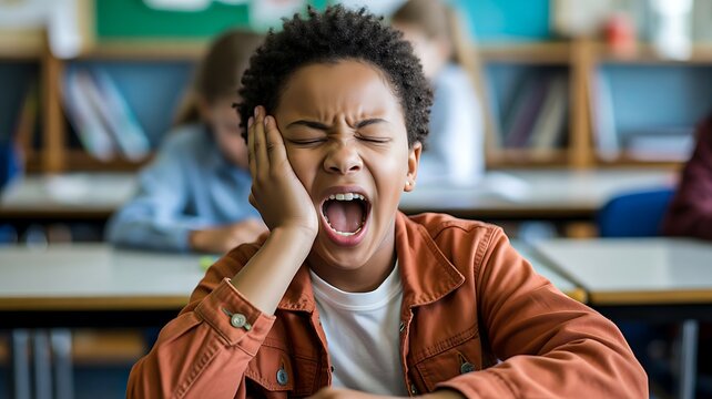 Tired young man yawning while working at a desk in an office