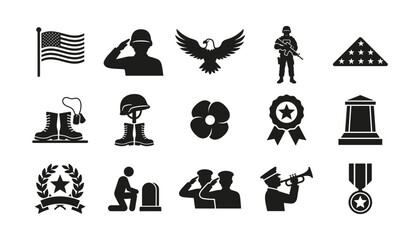 Fototapeta premium Set of military icons, soldier, veteran, memorial, war, army, patriotism, honor, remembrance, sacrifice, badge, medal, flag, boots