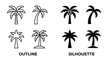 Fototapeta premium Palm Tree Icons: A collection of stylized palm tree icons, presented in both outline and silhouette formats, offering versatile design elements for tropical or vacation themes.
