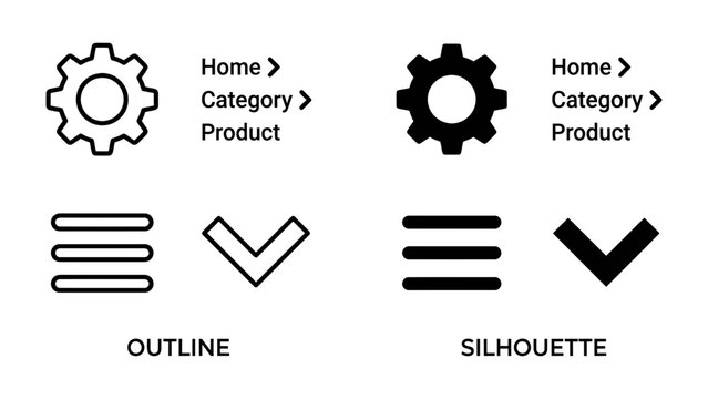 Outline and Silhouette Icons: A comparison of outline and silhouette icons, featuring a gear, menu, and dropdown arrow, showcasing different graphic design styles.